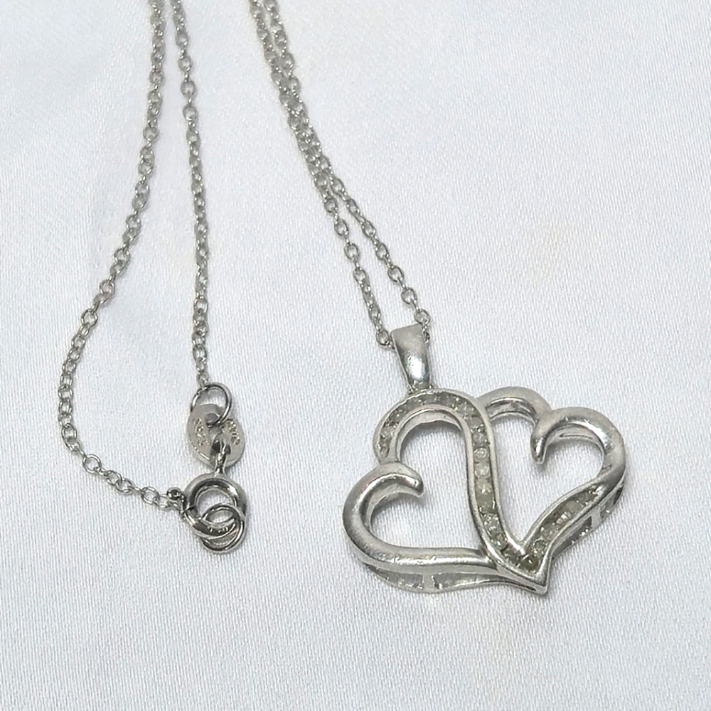 SS 925 REAL DIAMOND DOUBLE HEART PENDANT NECKLACE